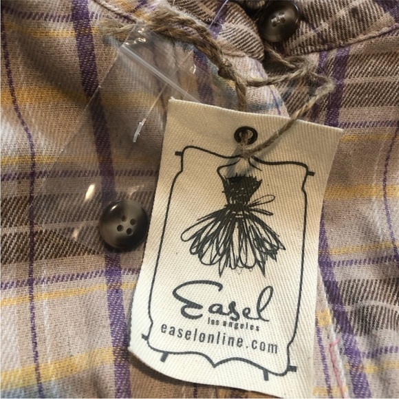 Easel Mix Plaid Button Down Oversized Thermal With Hood In Khaki. NWT! Sz S - Picture 8 of 11